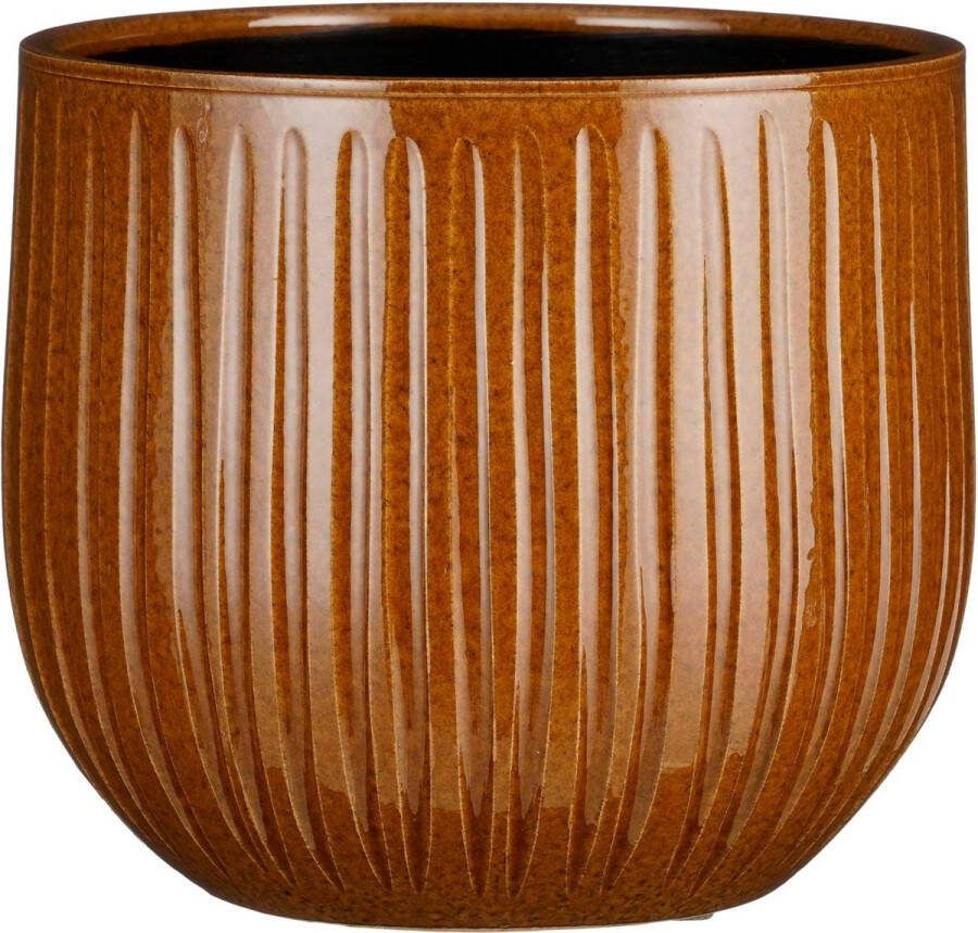 Mica Decorations Plantenpot bloempot keramiek okergeel ribbels glans patroon D25 H20 cm Plantenpotten
