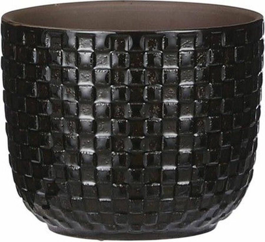 Mica Decorations Plantenpot bloempot keramiek zwart stijlvol patroon D11 en H9 cm Plantenpotten