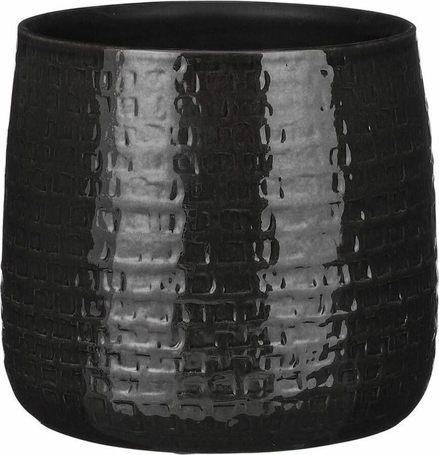 Mica Decorations Plantenpot bloempot Keramiek Zwart Relief Patroon D24 En H21 Cm Plantenpotten