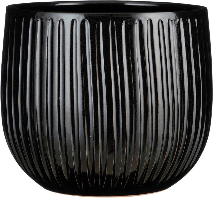 Mica Decorations Plantenpot bloempot keramiek zwart ribbels glans patroon D29 H25 cm Plantenpotten