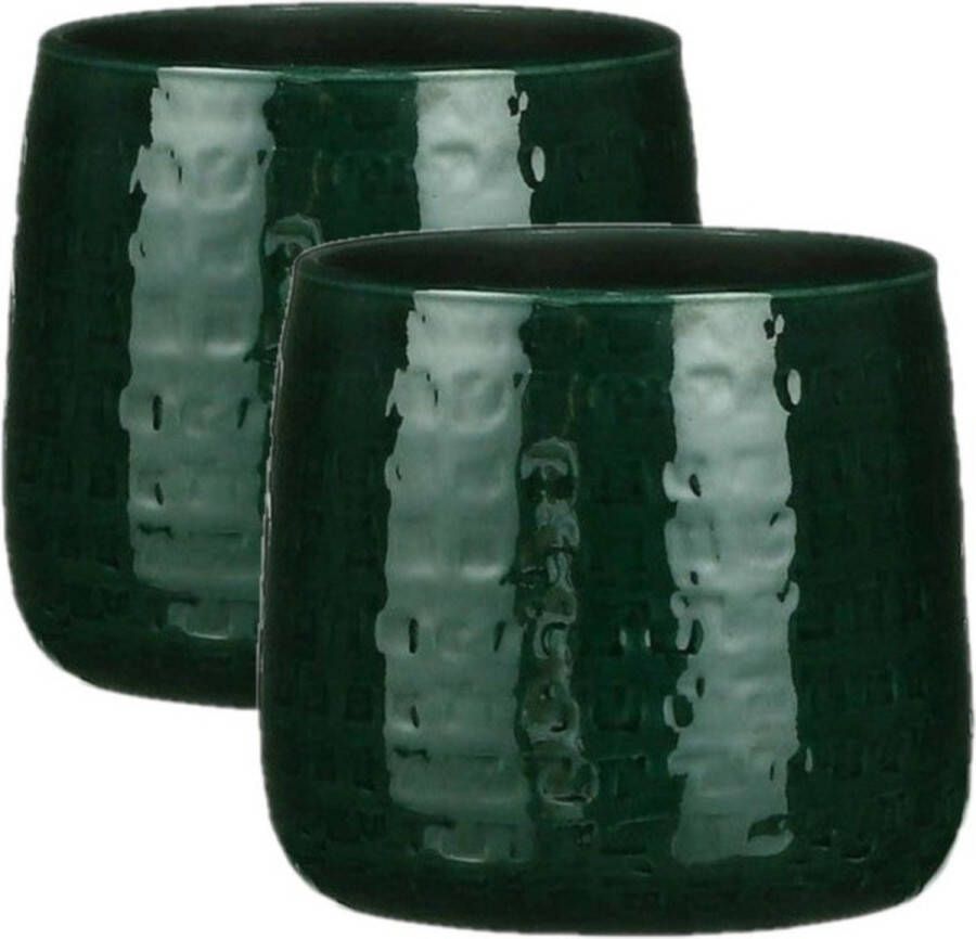 Mica Decorations 2x Stuks Plantenpotten bloempotten Keramiek Donkergroen Relief D17 Cm Plantenpotten