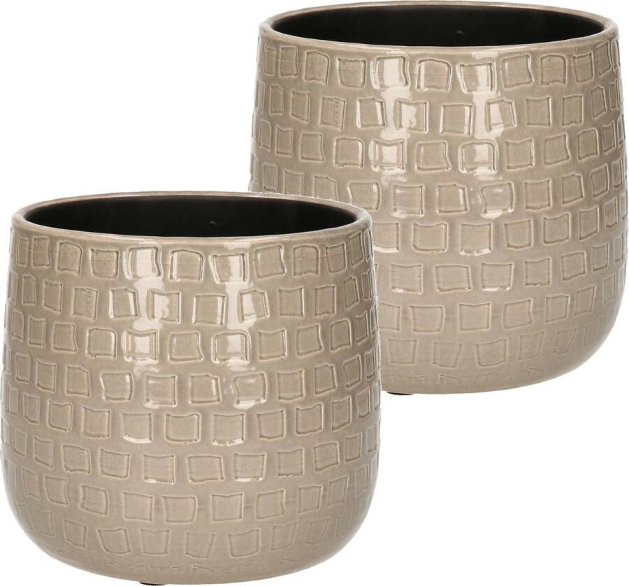 Mica Decorations 2x Stuks Plantenpotten bloempotten Keramiek Taupe Relief D15 h13 Cm Plantenpotten
