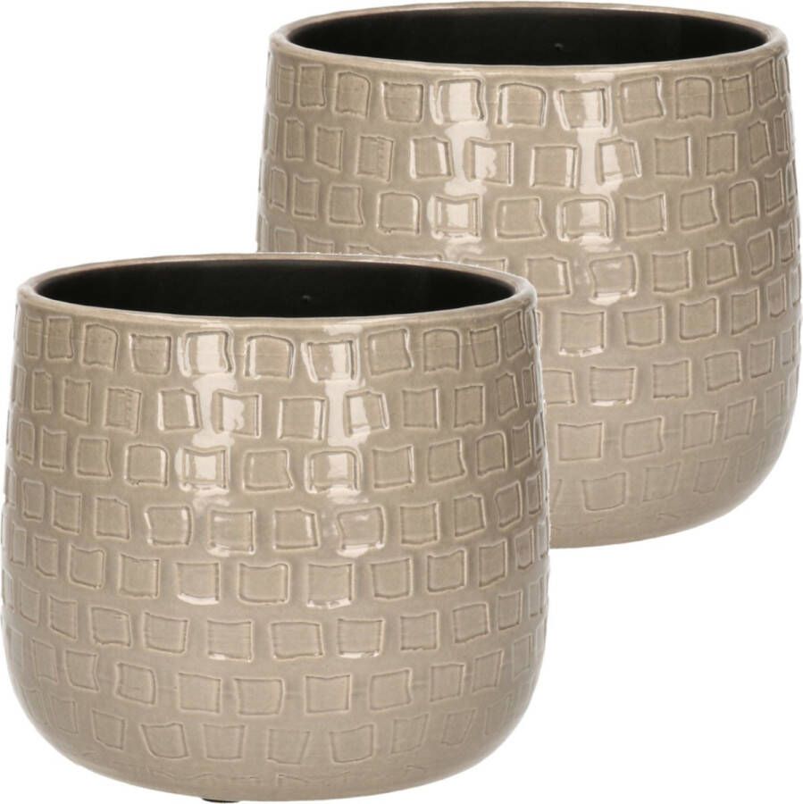 Mica Decorations 2x Stuks Plantenpotten bloempotten Keramiek Taupe Relief D17 h15 Cm Plantenpotten
