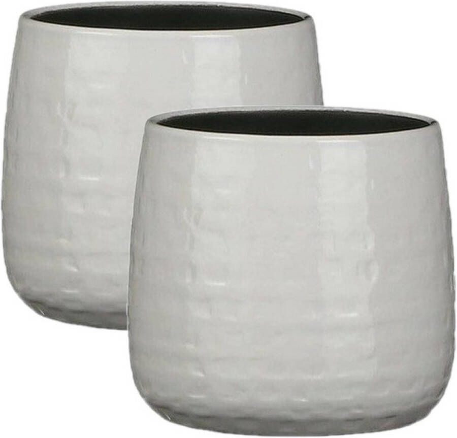 Mica Decorations 2x Stuks Plantenpotten bloempotten keramiek warm wit relief D15 cm Plantenpotten