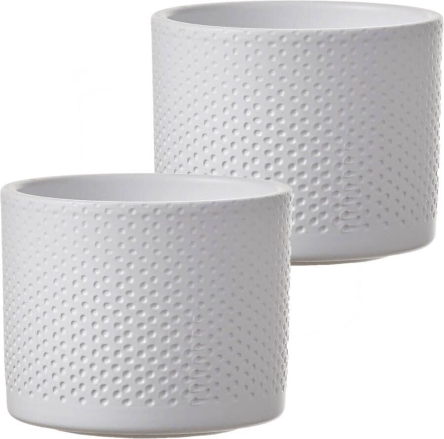 Mica Decorations Set van 2x stuks bloempot in kleur relief wit keramiek voor kamerplant H10 x D12 cm- plantenpotten binnen
