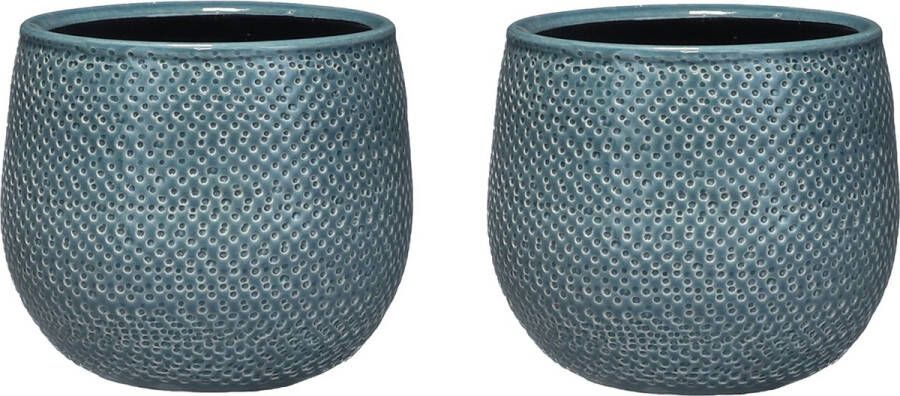 Mica Decorations Set van 2x stuks keramiek aardewerk bloempotten van 14 x 16 cm in het geribbeld midnight blauw plantenpotten