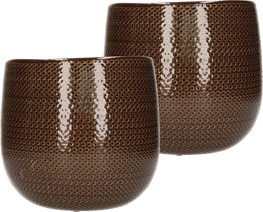 Mica Decorations Set van 2x stuks keramiek aardewerk bloempotten van 19 x 21 cm in het geribbeld donkerbruin plantenpotten