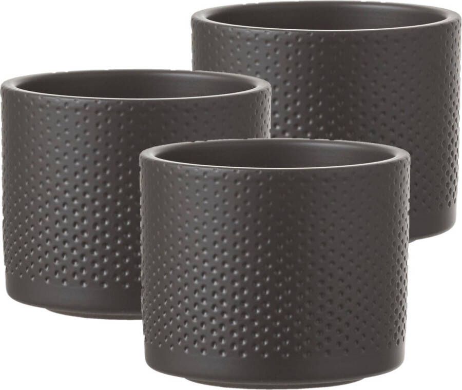 Mica Decorations Set van 3x stuks bloempot in kleur relief antraciet grijs keramiek voor kamerplant H10 x D12 cm- plantenpotten binnen