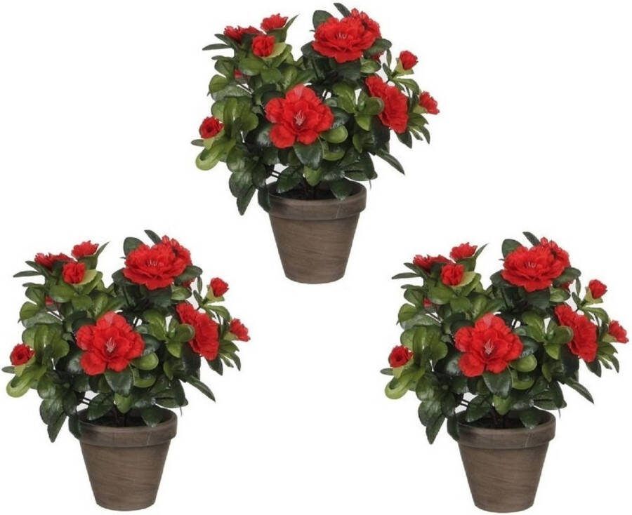 Mica Decorations Set van 3x stuks groene Azalea kunstplanten rode bloemen 27 cm in pot stan grey Kunstplanten nepplanten