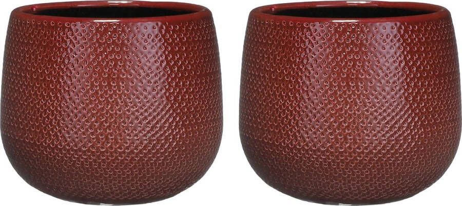 Mica Decorations Set van 3x stuks keramiek aardewerk bloempotten van 16 x 18 cm in het geribbeld bordeaux rood plantenpotten