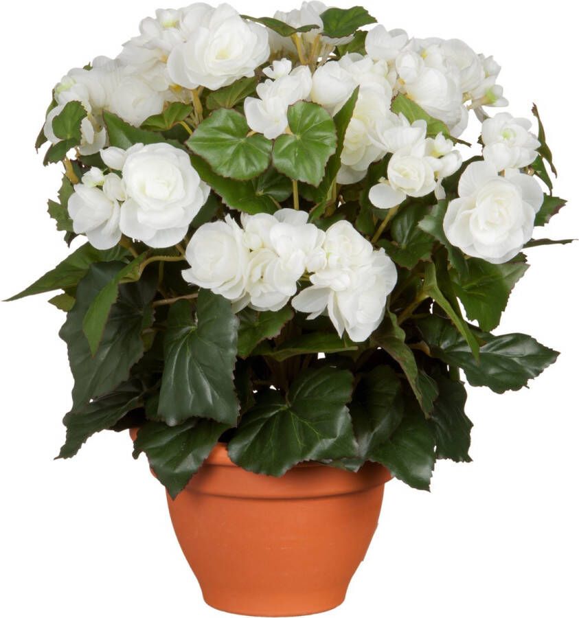 Mica Decorations Witte Begonia kunstplant met bloemen 37 cm in terracotta pot Kunstplanten nepplanten Voor binnen