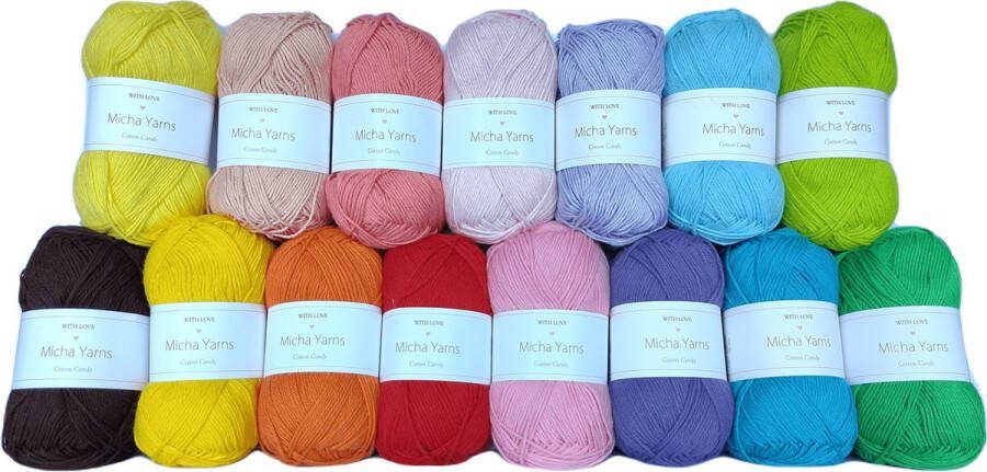 Micha Yarns 15 bollen haakkatoen pakket 100% katoen haakgaren 15 x 50gram Cotton Candy Technicolor (001)