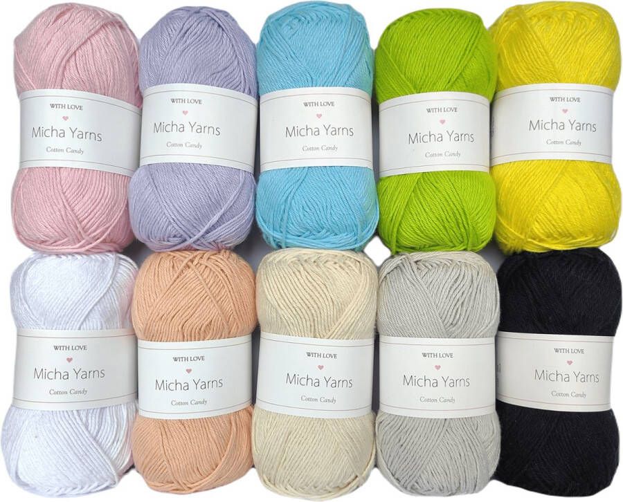Micha Yarns 10 bollen haakkatoen pakket 100% katoen haakgaren 10 x 50gram Cotton Candy Rainbow Pastel (002)