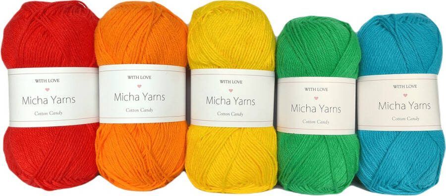 Micha Yarns 5 bollen haakkatoen pakket 100% katoen haakgaren 5 x 50gram Cotton Candy Rainbow Bright (002)