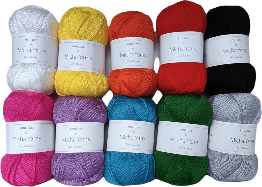 Micha Yarns Bollen Bundel 70% bamboe 30% katoen haakgaren 10 bollen pakket 10 x 50gram Rainbow Bright (001) Baby Bamboo