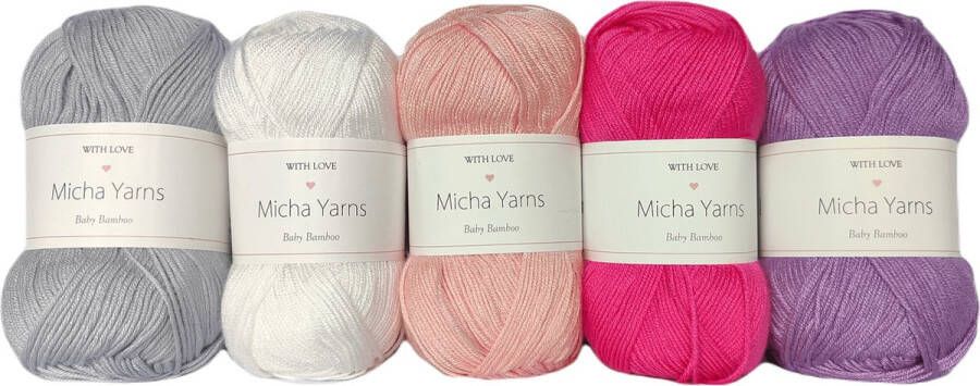 Micha Yarns Bollen Bundel 70% bamboe 30% katoen haakgaren 5 bollen pakket 5 x 50gram Love (005) Baby Bamboo