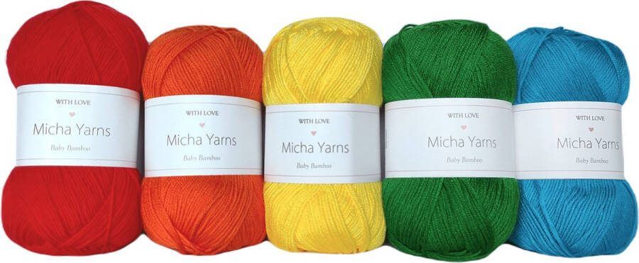 Micha Yarns Bollen Bundel 70% bamboe 30% katoen haakgaren 5 bollen pakket 5 x 50gram Rainbow Bright (001) Baby Bamboo