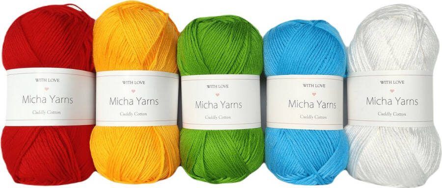Micha Yarns Bollen Bundel 80% katoen 20% acryl breiwol 5 bollen haakgaren – 5 x 100gram Rainbow Bright (001) – Cuddly Cotton