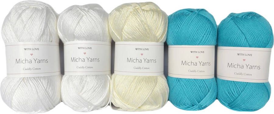Micha Yarns Bollen Bundel 80% katoen 20% acryl breiwol 5 bollen haakgaren – 5 x 100gram Soft Blue (005) – Cuddly Cotton
