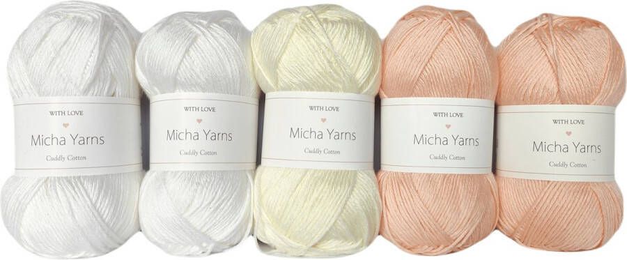 Micha Yarns Bollen Bundel 80% katoen 20% acryl breiwol 5 bollen haakgaren – 5 x 100gram Soft Pink (004) – Cuddly Cotton