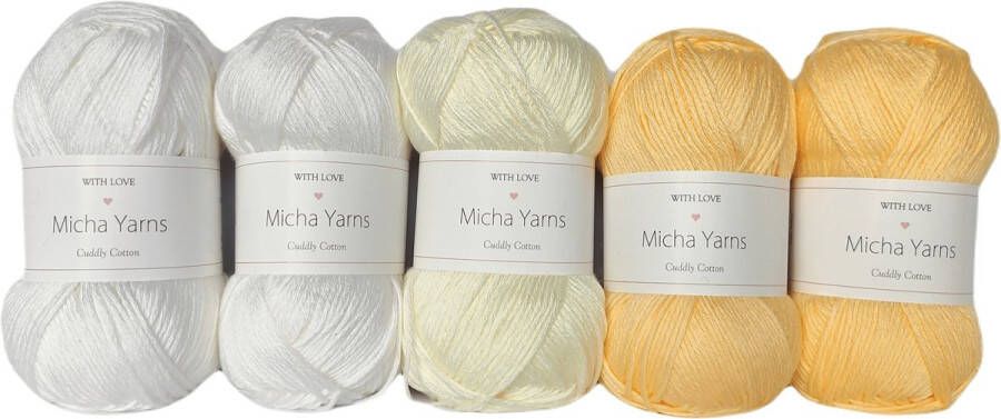 Micha Yarns Bollen Bundel 80% katoen 20% acryl breiwol 5 bollen haakgaren – 5 x 100gram Soft Yellow (006) – Cuddly Cotton