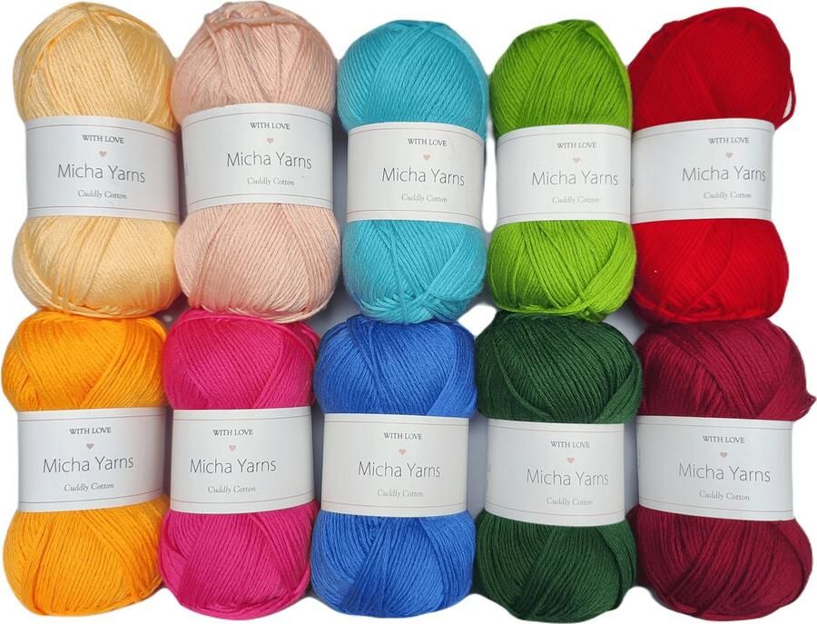 Micha Yarns Bollen Bundel 80% katoen 20% acryl breiwol 10 bollen haakgaren – 10 x 100gram Technicolor (001) – Cuddly Cotton