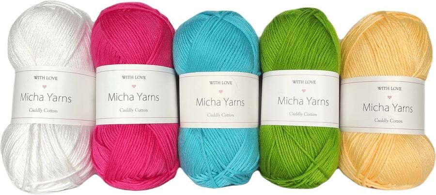 Micha Yarns Bollen Bundel 80% katoen 20% acryl breiwol 5 bollen haakgaren – 5 x 100gram Rainbow Pastel (002) – Cuddly Cotton