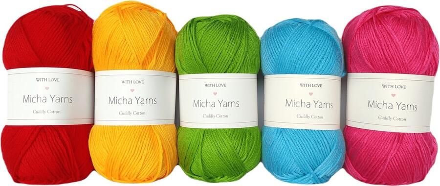 Micha Yarns Bollen Bundel 80% katoen 20% acryl breiwol 5 bollen haakgaren – 5 x 100gram Technicolor (003) – Cuddly Cotton