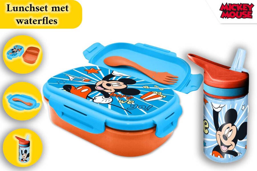 Mickey Mouse Lunchset voor Kinderen Inclusief 400ml BPA-vrije Waterfles met Rietje & Broodtrommel Duurzaam & Kindvriendelijk Ideaal voor School & Uitjes