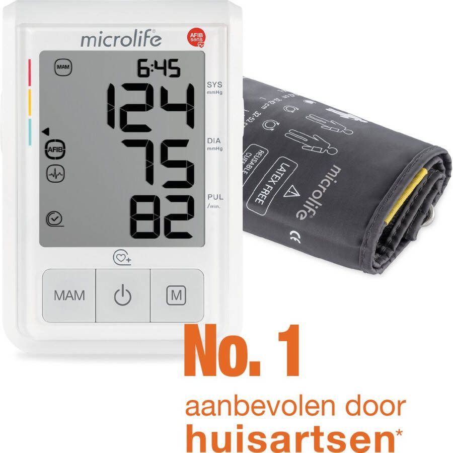 Microlife BP B3 AFIB Bovenarm Bloeddrukmeter Klinisch Gevalideerd No. 1 merk bij Huisartsen Aanbevolen door NL Hartstichting Zeer nauwkeurige detectie op atriumfibrilleren 99 geheugens 5 jaar garantie