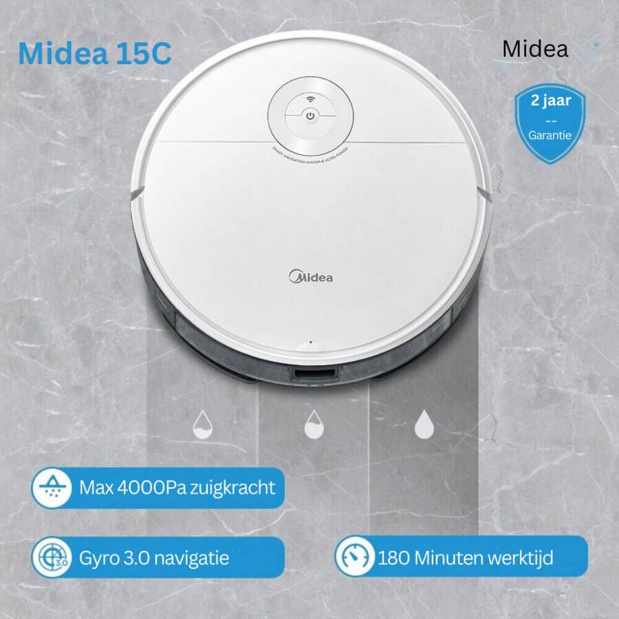 Midea Robotstofzuiger Laadstation 4000Pa Dun 83mm Appbediening Dweilen Timerfunctie Vacuümzuiger 160 minuten G Slam- Navigatiesysteem