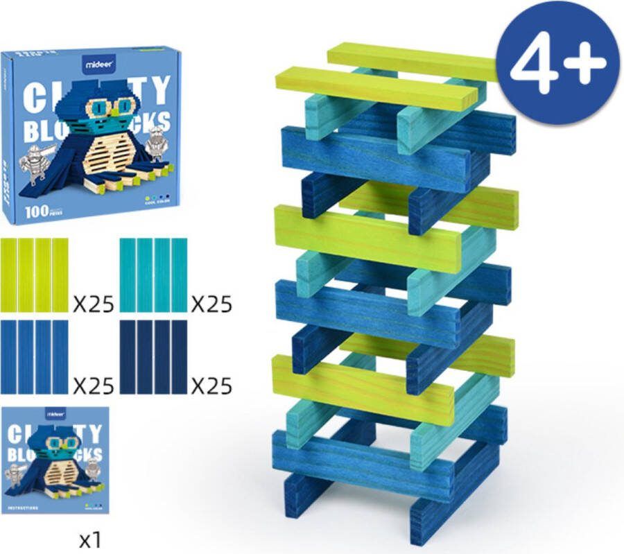 MiDeer 100 Massief Houten Plankjes met Voorbeeldboek Domino & Archimedes Bouwstenen Educatief speelgoed Creativiteit Inspireren Koele kleur set compatibel met KAPLA Academics' Choice Brain Toy Award Winner