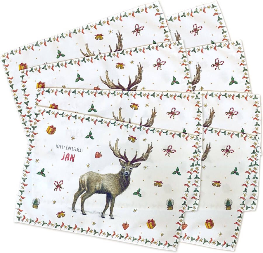 World of Mies 8 kerst placemats met naam kerstmis tafelversiering persoonlijke tafeldecoratie voor kerst gepersonaliseerd hert in aquarel geschilderd door Mies