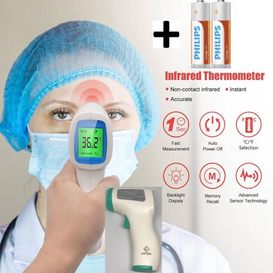 MIFOR Professionele Infrarood Thermometer GRATIS BATTERIJEN 1 SECONDE METING Display Kleurverandering bij verhoging Kleur Groen