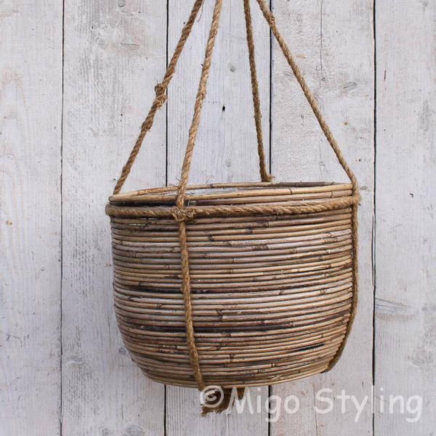 Migo Styling Hangmand Rotan Streep Riet Hangplant Dia40xH30 cm Grey Hangende mand Buiten Binnen Planten houder