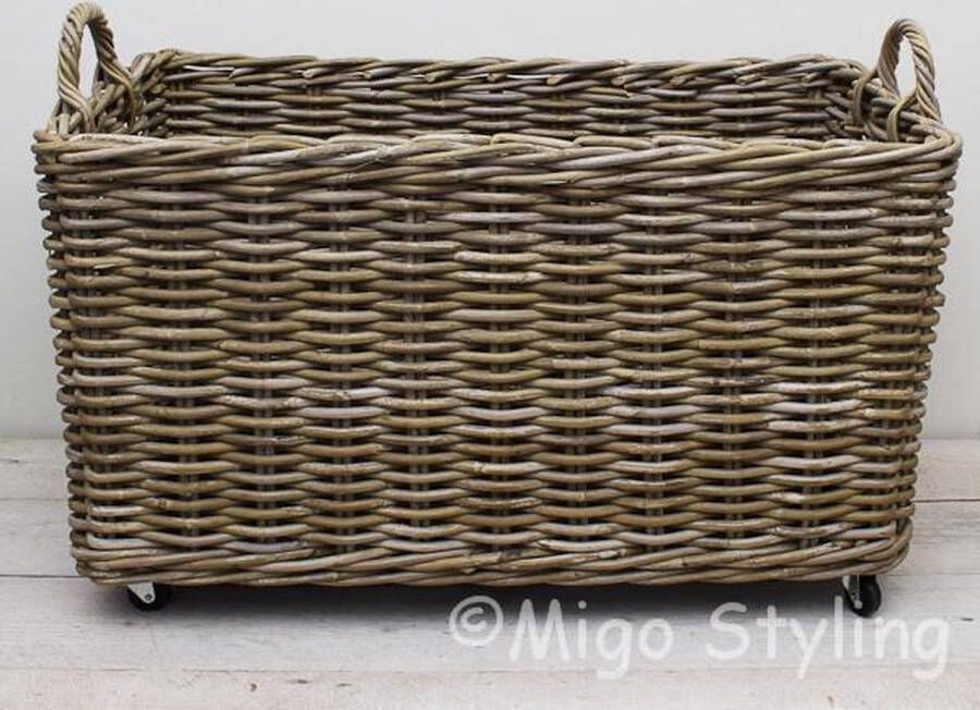 Migo Styling Houtmand Met wielen Rechthoek Riet Rotan Houten frame bodem L90xBr55xH58 cm