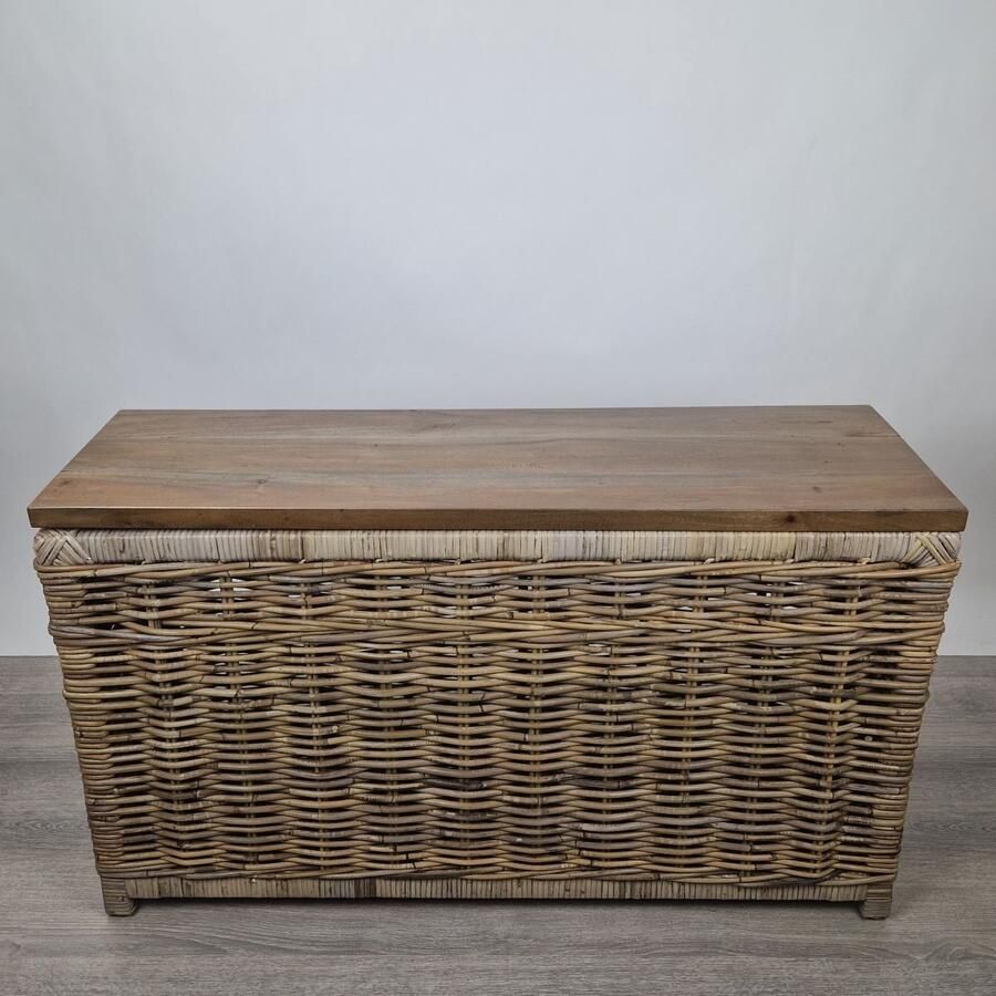 Migo Styling Opbergmand Met houten deksel L 95x B 30x H 55 cm Rotan Riet Grey