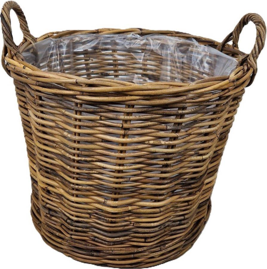 MigoStyling Houtmand Plantenmand Riet Rotan Brown Op wielen Dia 48 cm