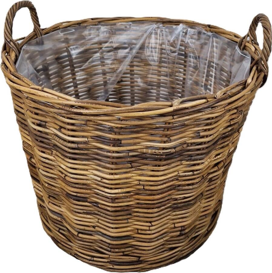 MigoStyling Houtmand Plantenmand Riet Rotan Brown Op wielen Dia 58 cm