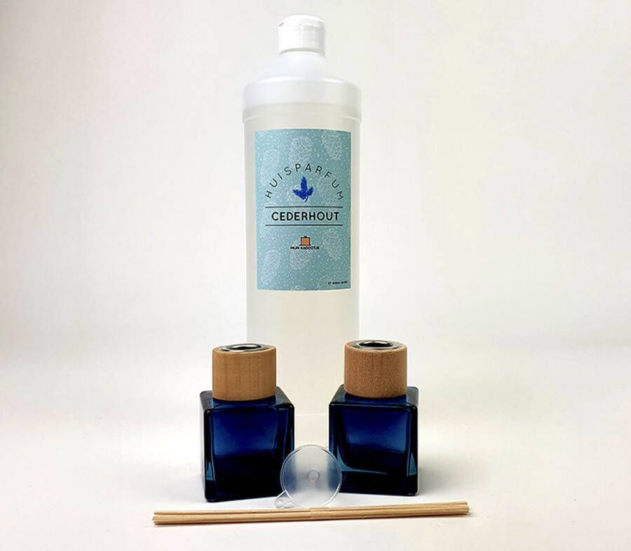 Mijnkadootje Geurstokjes Set van 18 flesjes + 1L huisparfum Geurverspreider Geurstokjes navulling Marineblauw