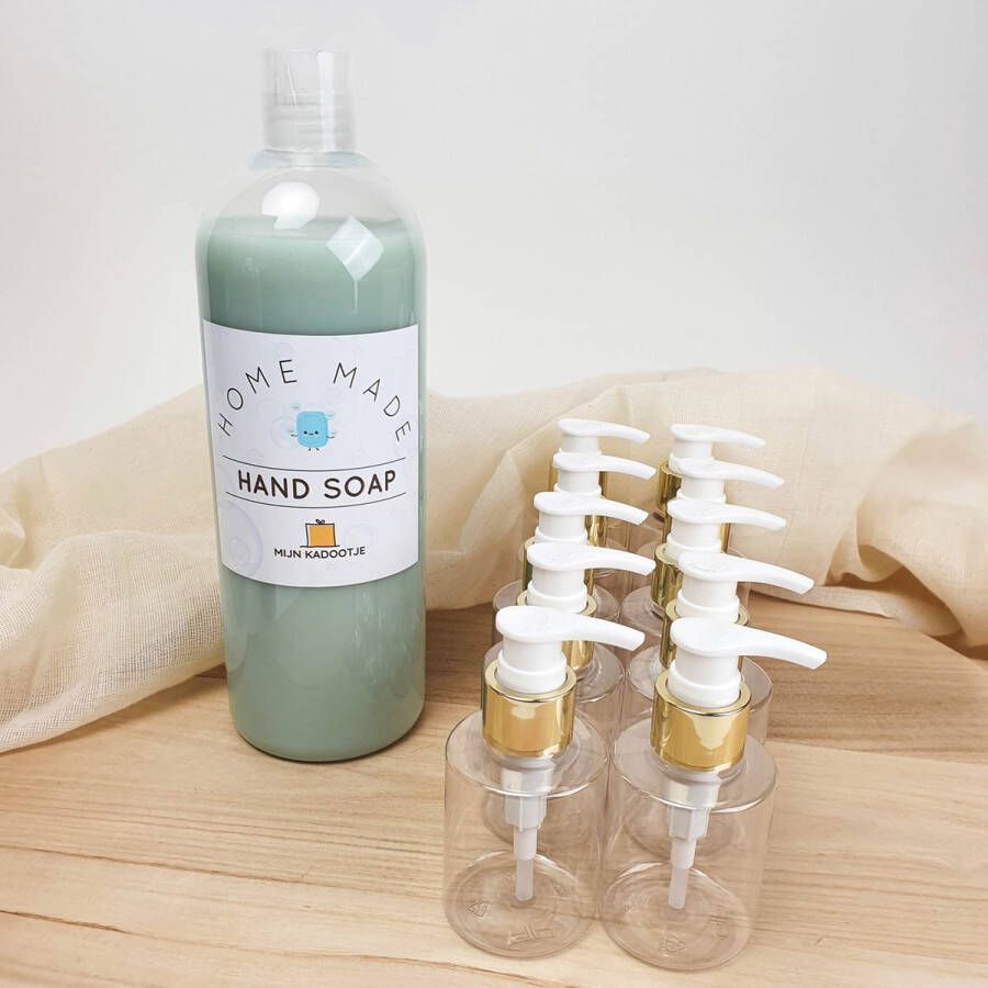 Mijnkadootje Zeep Zeeppompje Set van 10 + 1L handzeep Gouden dop Eucalyptus doopsuiker bedankje bedankjes doopsuiker zeep doopsuiker zeeppompje feest