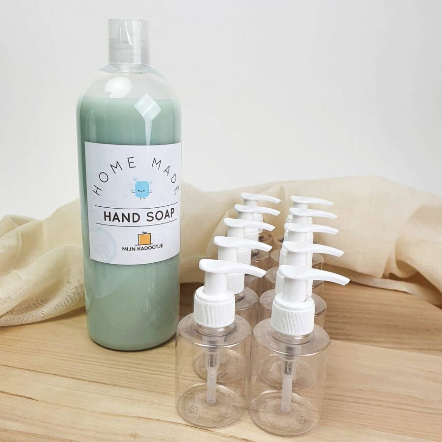 Mijnkadootje Zeep Zeeppompje Set van 10 + 1L handzeep Witte dop Eucalyptus doopsuiker bedankje bedankjes doopsuiker zeep doopsuiker zeeppompje feest
