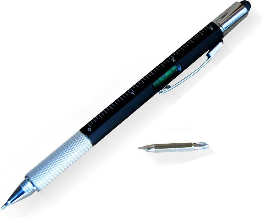 MikaMax 6 in 1 Multitool Pen Handy Pen Toolpen Liniaal Waterpas Kruiskop en Plattekop Schroevendraaier Zwart