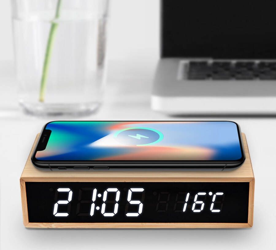 MikaMax Bamboo Wireless Charger Clock Wekker Bamboe Draadloos Opladen Ingebouwde Thermometer Incl. USB-C Kabel
