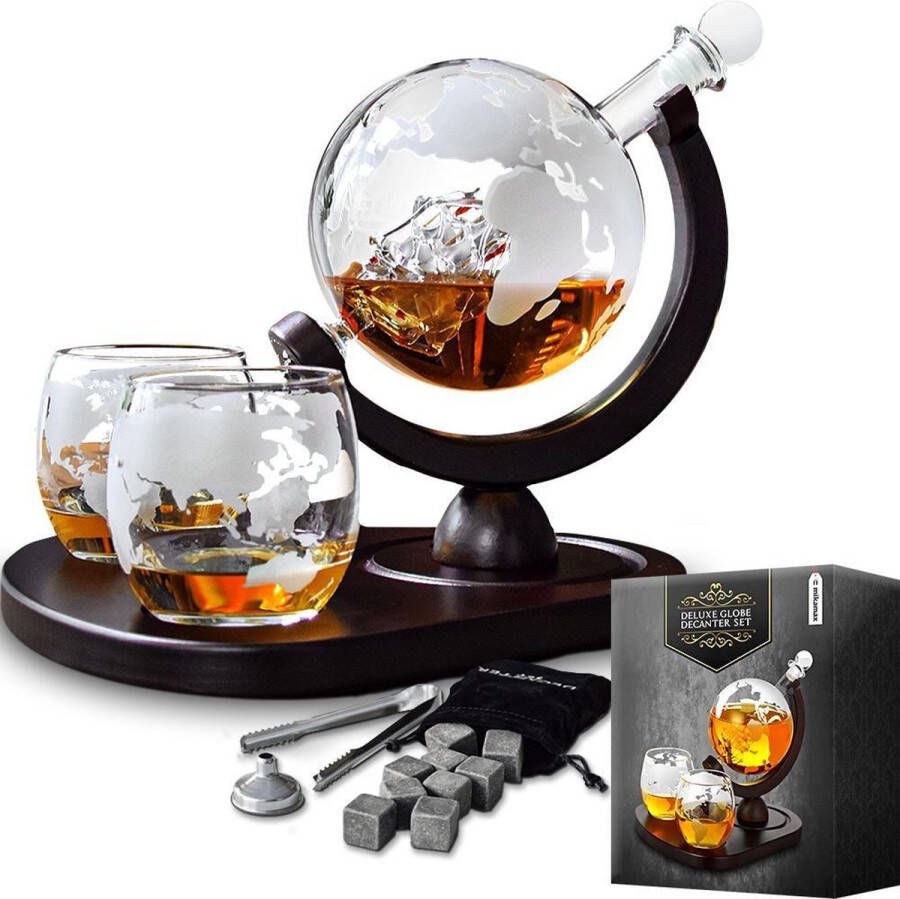 MikaMax Globe Whiskey Decanter Deluxe Luxe Uitvoering Whiskey Set Whiskey Karaf Whiskey Glazen Whiskey Karaf Incl. 2 Whiskey Glazen en Whiskey Stones 900 ML
