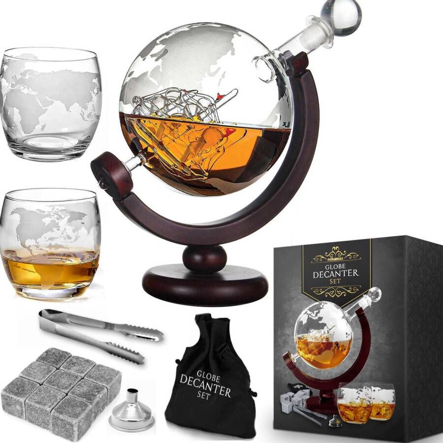 MikaMax Globe Whiskey Decanter – Standaard Versie – Whiskey Set – Complete Set – Whiskey Karaf – Incl. 2 Whiskey Glazen en Whiskey Stones – 900 ML