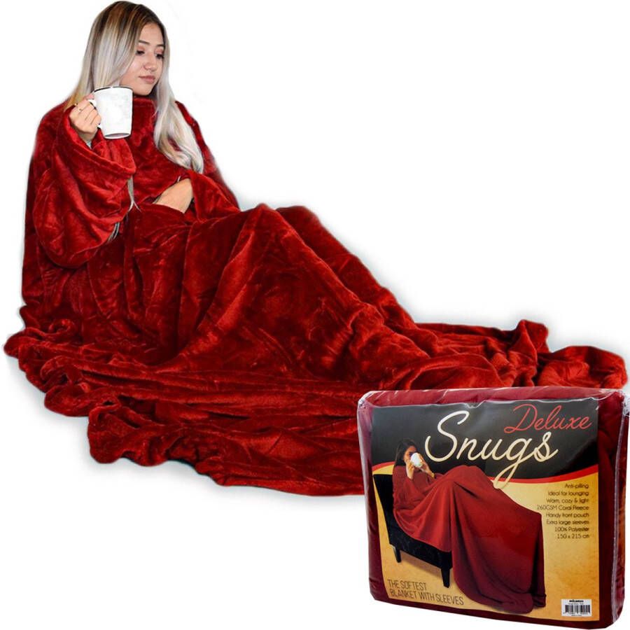 MikaMax Snuggie Original Deluxe Rood XL Fleece Deken Met Mouwen Plaid Hoodie Deken Anti-Pluis 215 x 150 cm