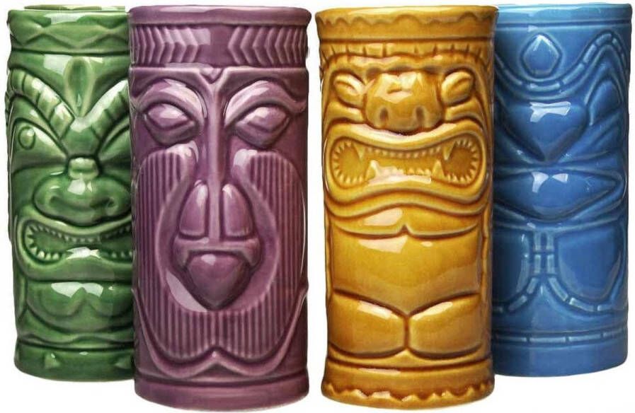 MikaMax Tiki Mugs Cocktail Glazen Hawaii Cocktailglazen Mok Mokken Keramische Mok Set van 4 Vaatwasserbestendig 330ML Keramiek