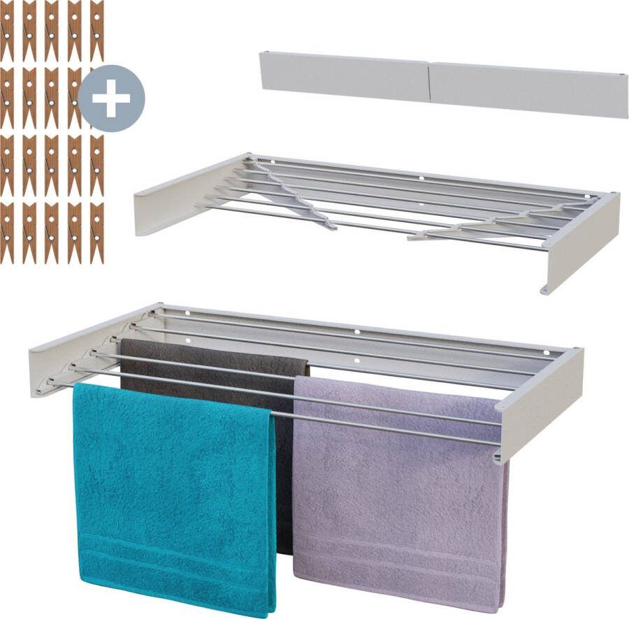 MiKas. MiKas Wanddroogrek 100 cm Inclusief 20 wasknijpers Inklapbaar droogrek 6M drooglengte Uitklapbaar wasrek Muur Ophangbaar Wit