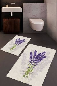 Mila Home Badmat antislip 2 stuk set 60x100 & 40x60 Wc mat Toiletmat Deurmat Badkamermatten Badmat Antislip Basis Purper Bloem Design Wasbaar